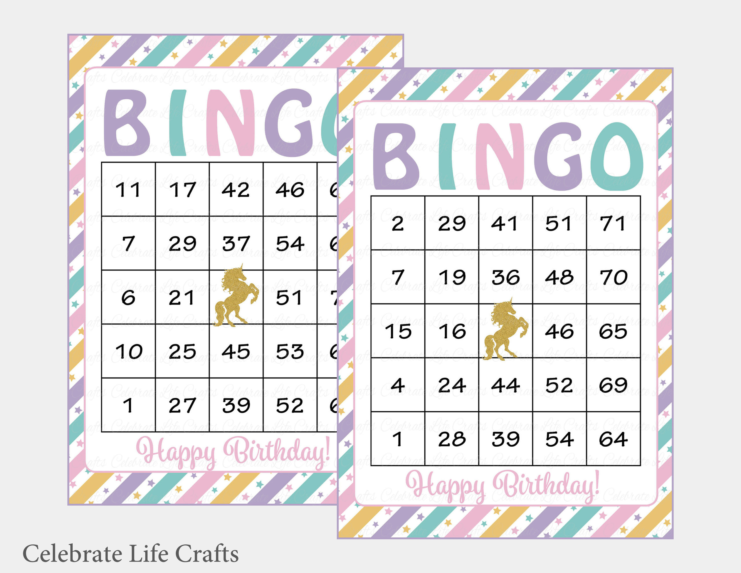 100 Unicorn Birthday Bingo Cards Printable Download Pink 