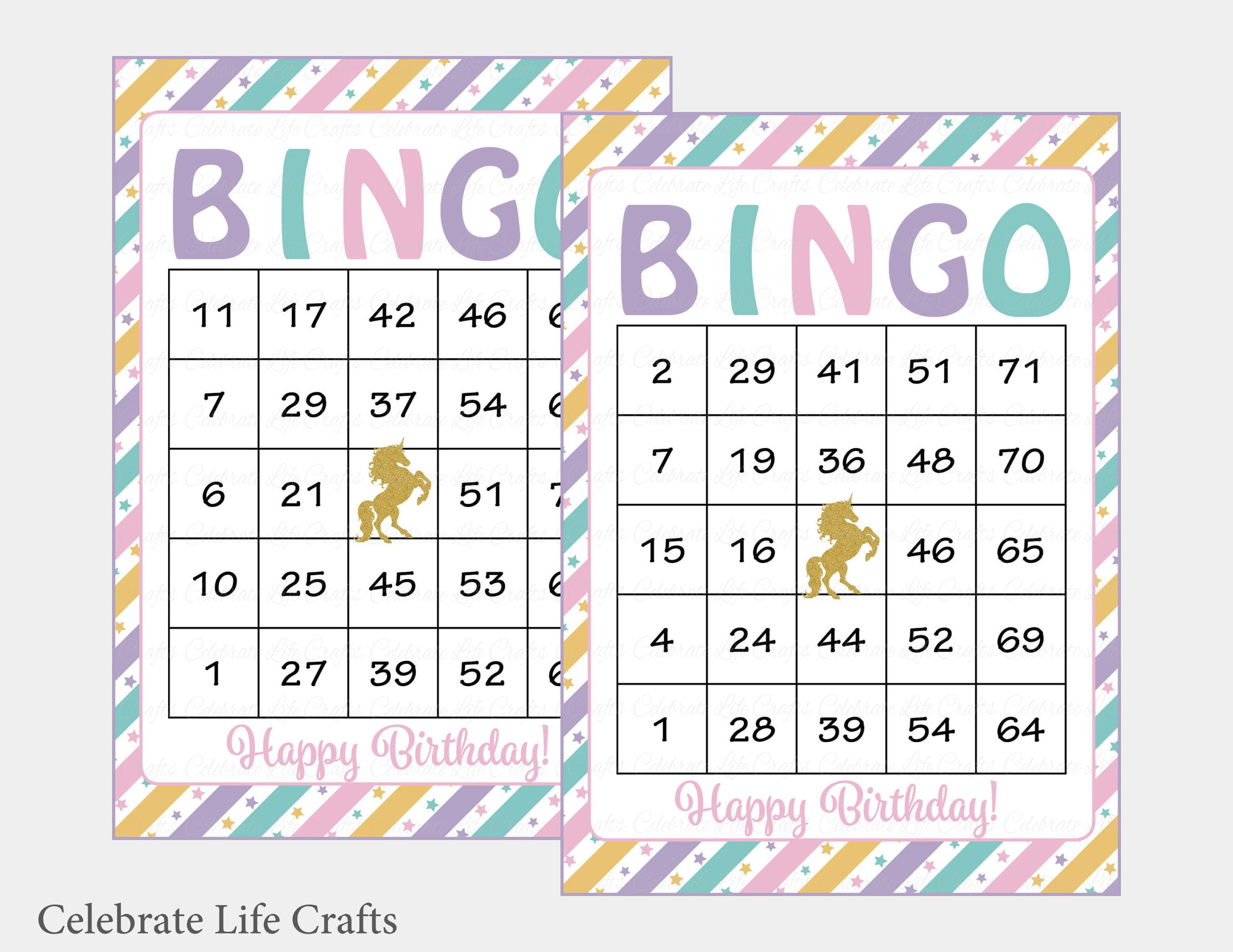 100 Unicorn Birthday Bingo Cards Printable Download Pink 
