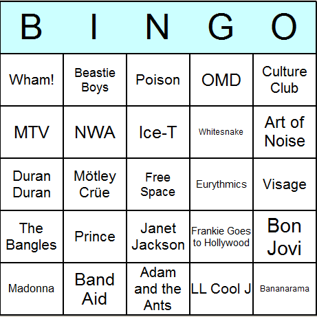 1980s Music Bingo Cards Printable Bingo Activity Game 1980s Music Bingo Cards Printable Bingo Activity Game