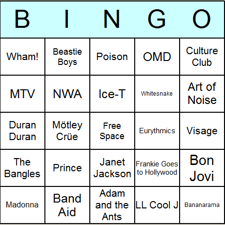 1980s Music Bingo Cards Printable Bingo Activity Game 