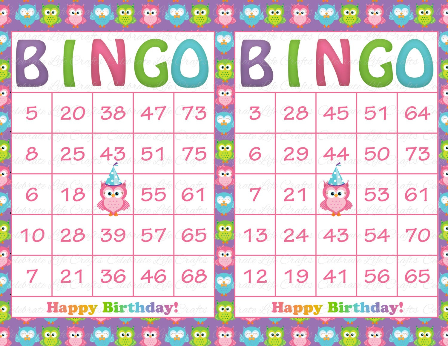 30 Purple Rainbow Owl Birthday Printable Bingo Cards Instant