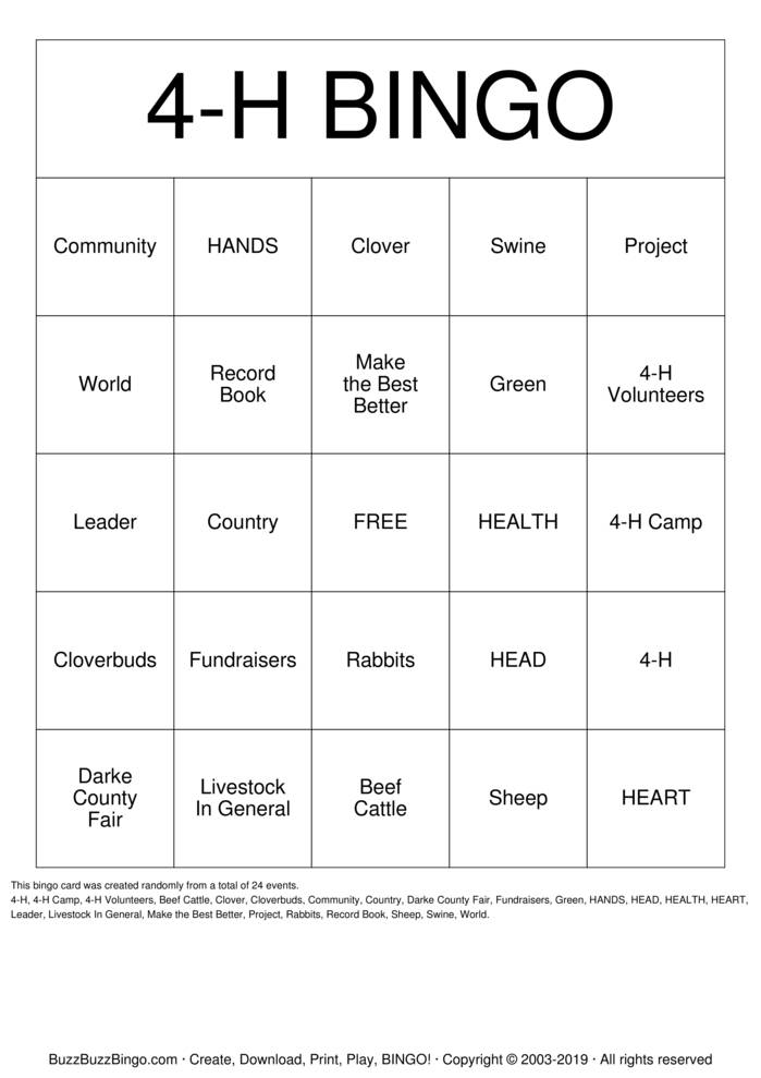 4H Bingo Bingo Cards To Download Print And Customize 