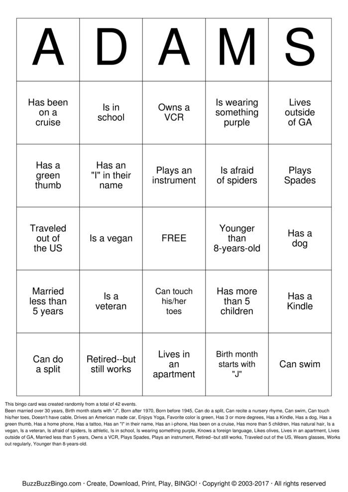 Adams Family Reunion Bingo Cards To Download Print And 