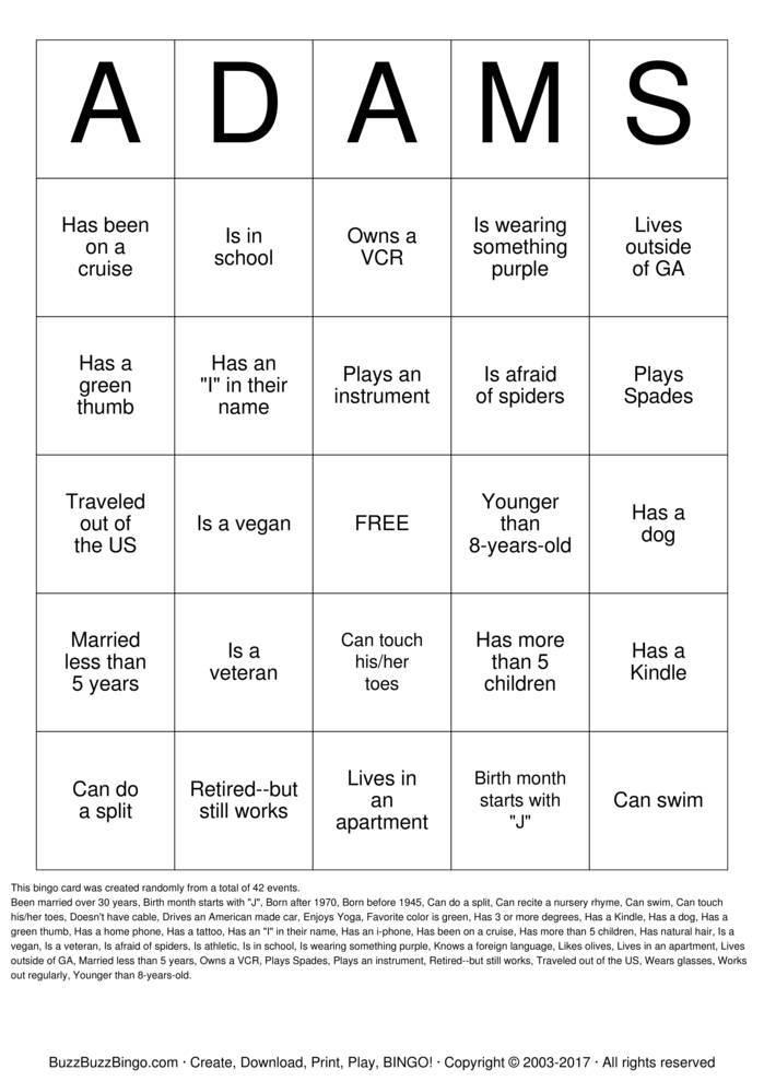 Adams Family Reunion Bingo Cards To Download Print And