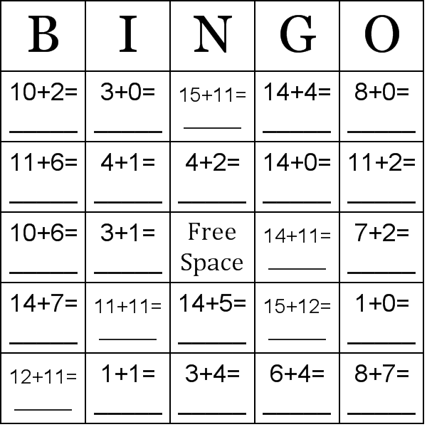 Addition Using Numbers Between 0 15 Bingo Cards Addition Using Numbers Between 0 15 Bingo Cards