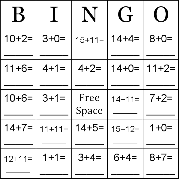 Addition Using Numbers Between 0 15 Bingo Cards