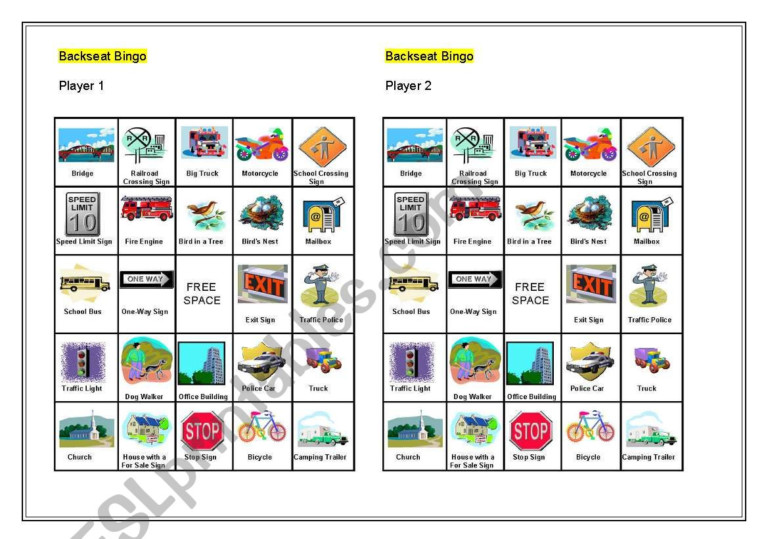 Backseat Bingo ESL Worksheet By Cali4