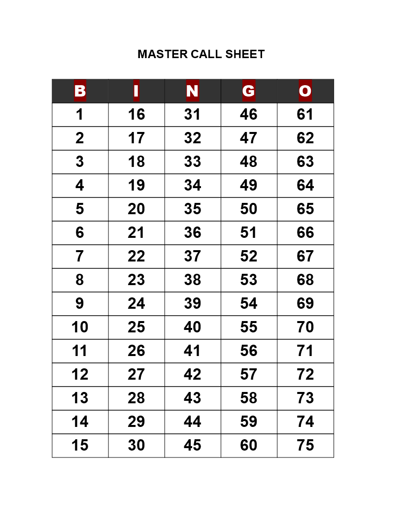 Bingo Call Sheet Templates At Allbusinesstemplates