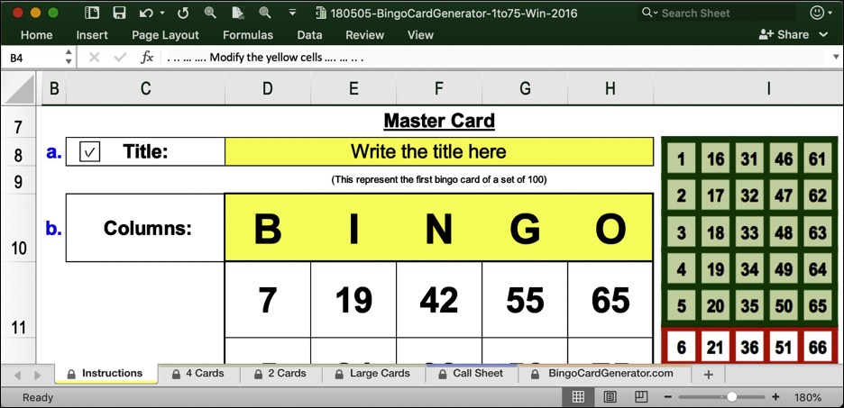 Bingo Card Generator Excel Windows Numbers From 1 To 75 