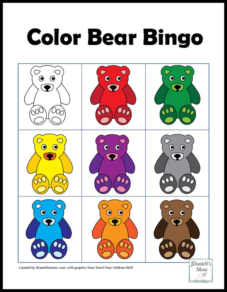 Color Games For Kids With A Bear Theme Bingo Card With 