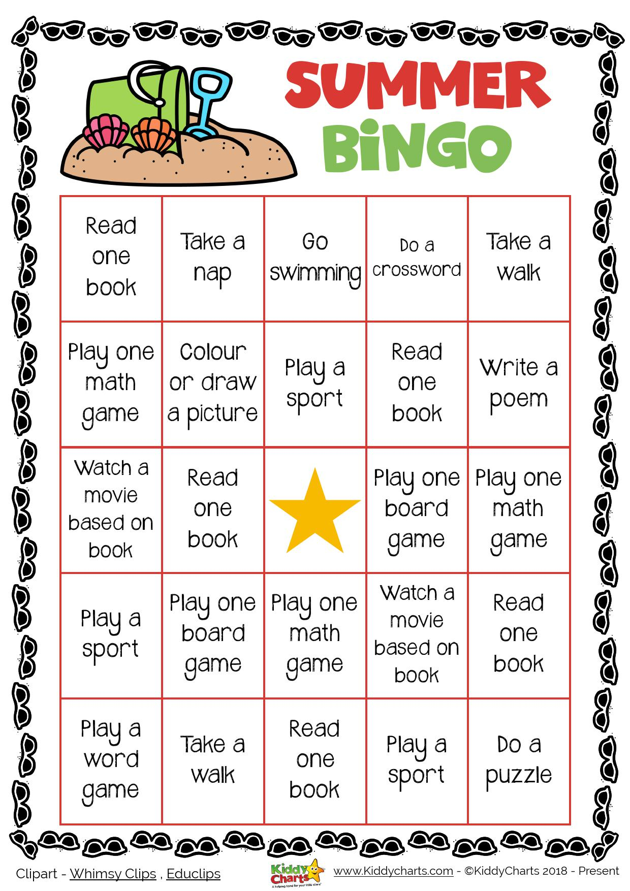 Day 1 Summer Bingo Printable Game KiddyChartsSummer