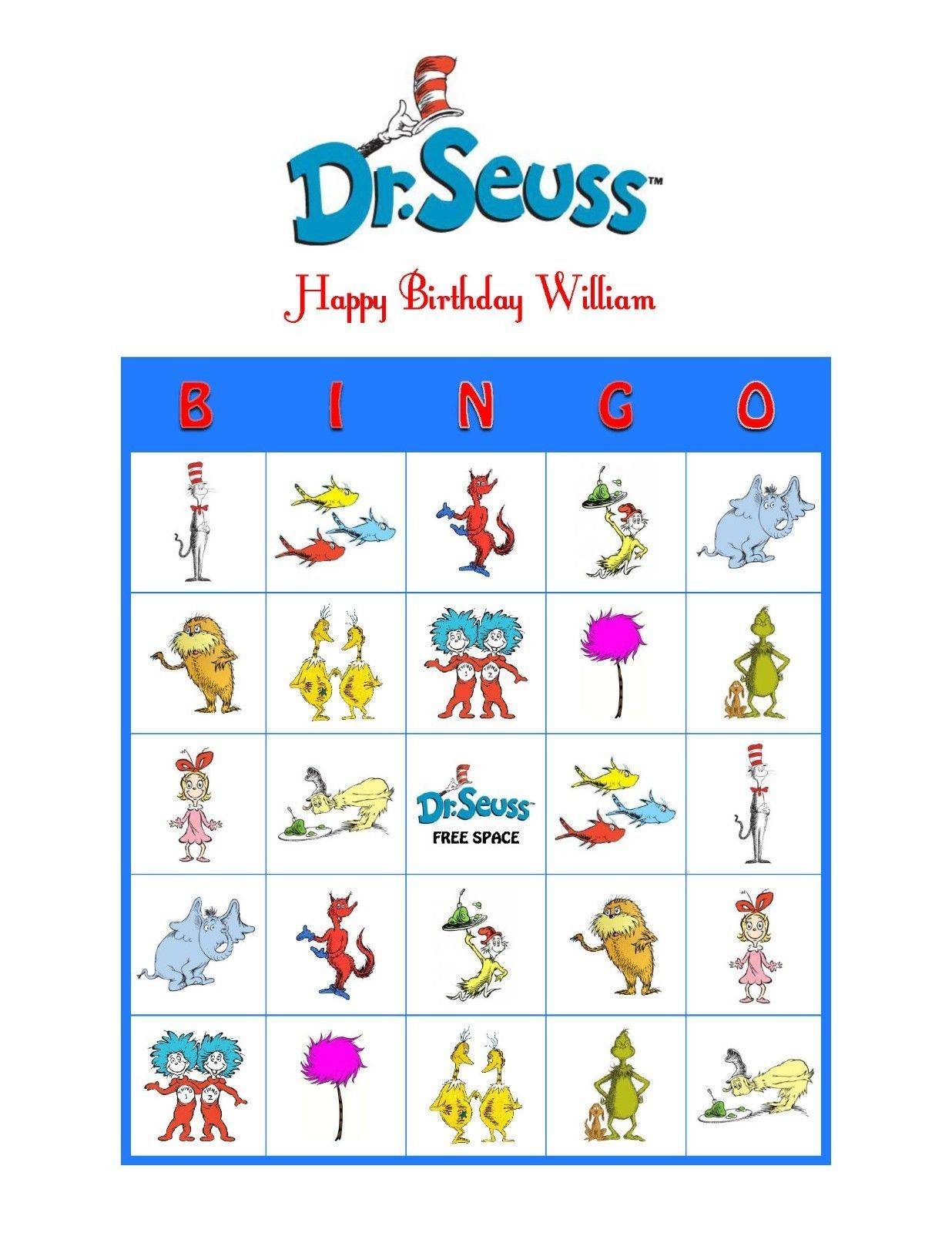 Dr Seuss Cat in the Hat Bingo Cards Bingo Card Template 