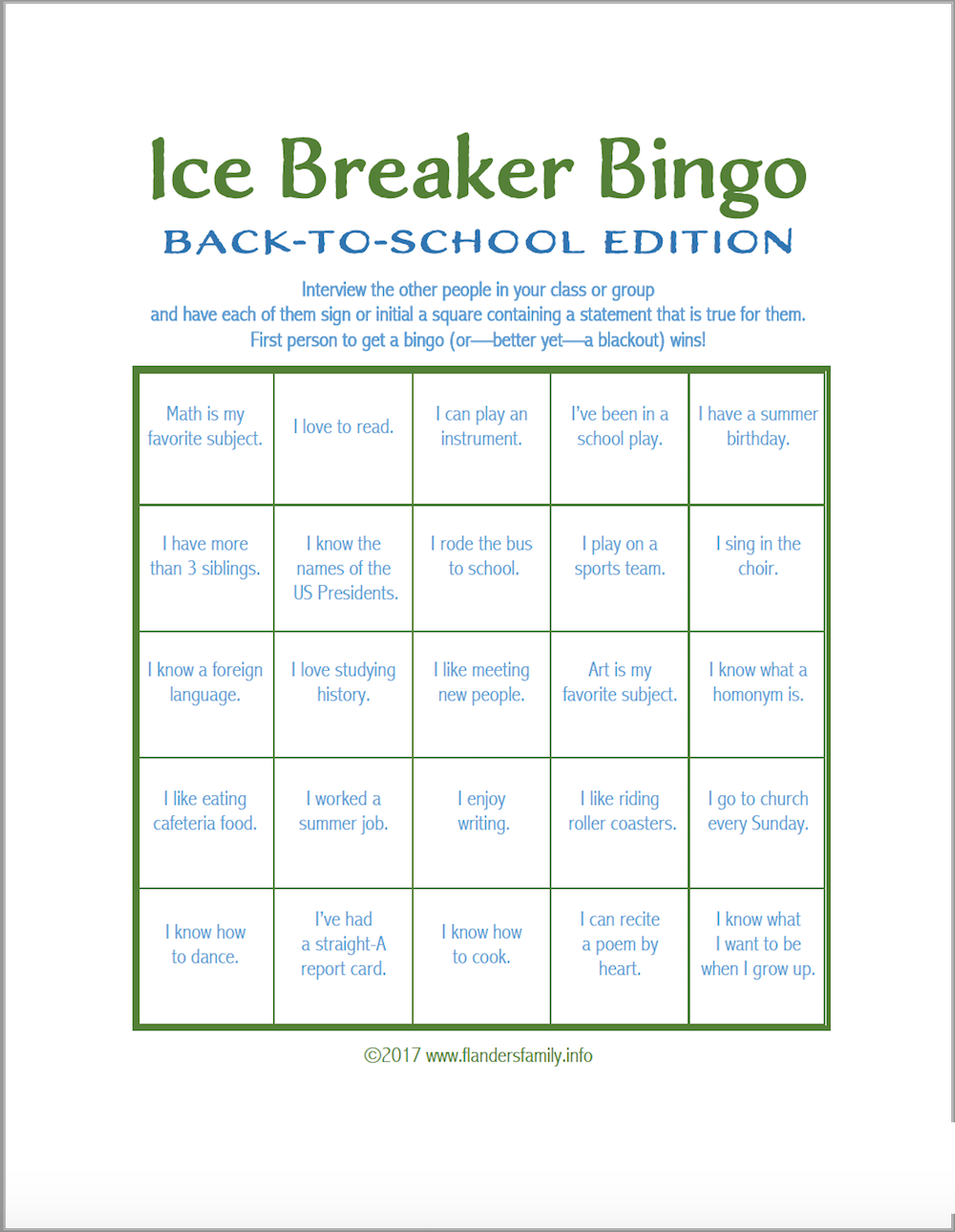 Ice Breaker Bingo Back to School Version Flanders 