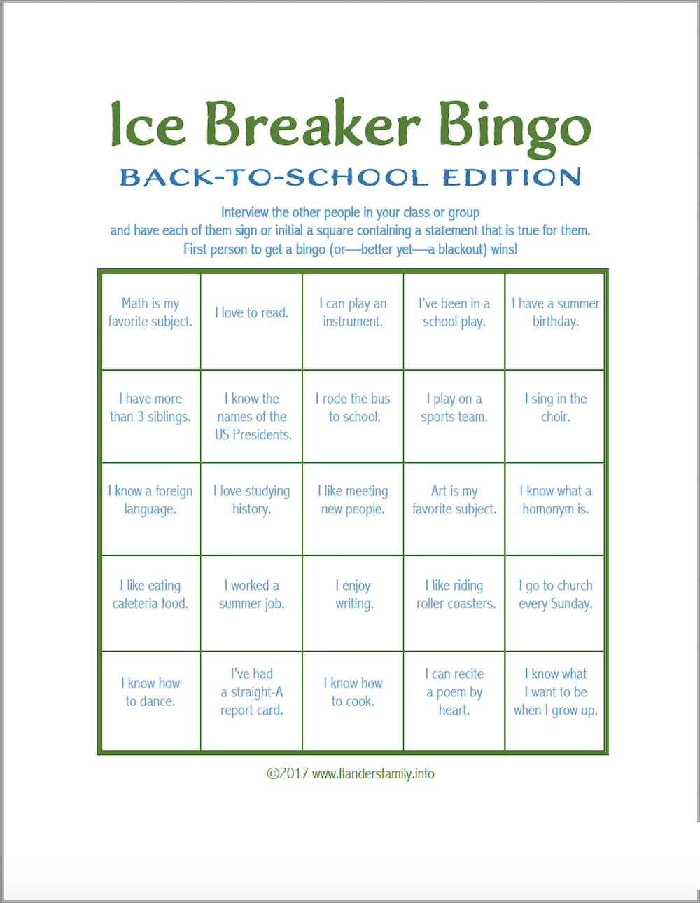 Ice Breaker Bingo Back To School Version Flanders Ice Breaker Bingo Back to School Version Flanders