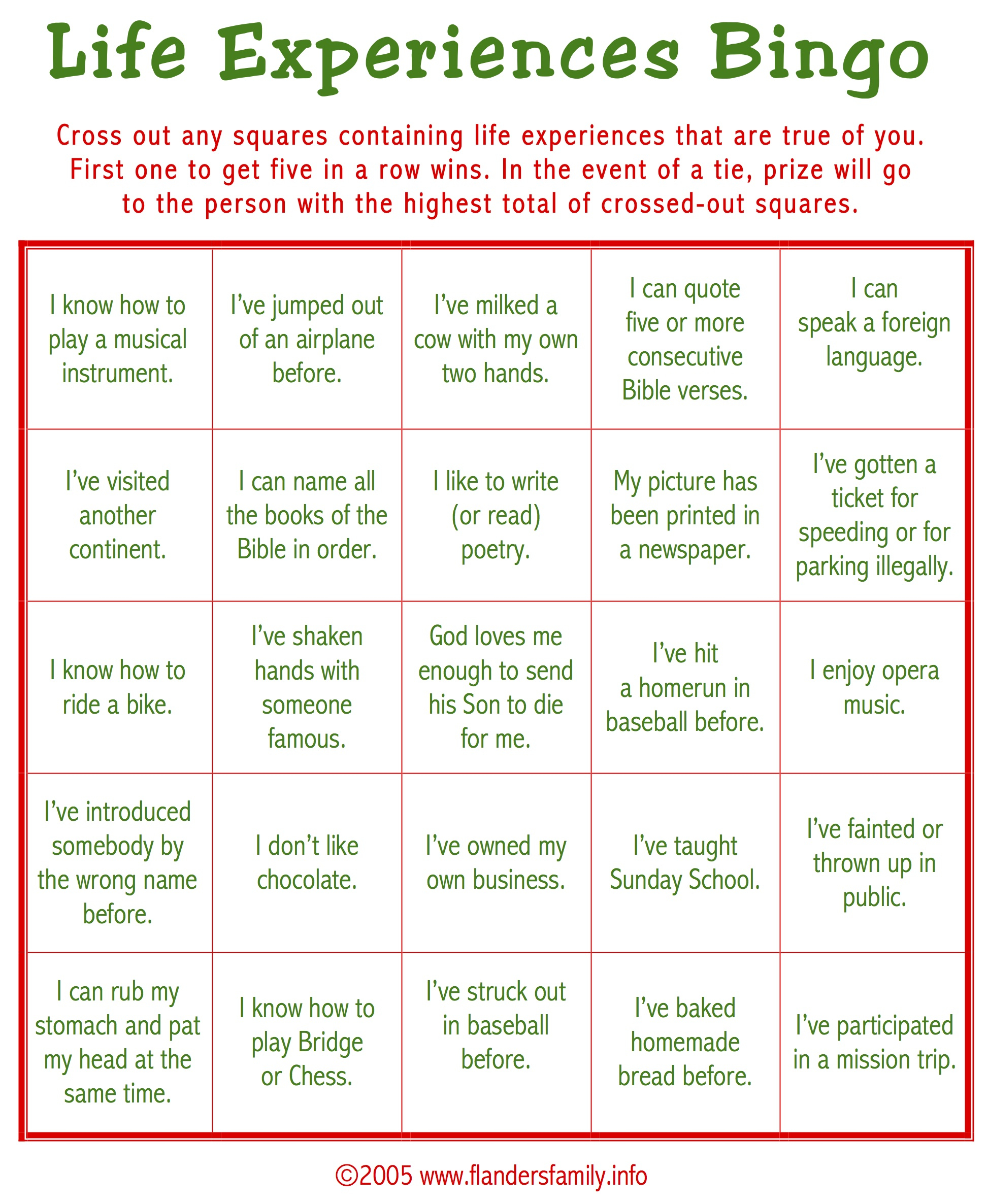 Ice Breaker BINGO Free Printable The Flanders Family 