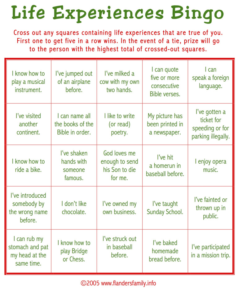 Ice Breaker BINGO Free Printable The Flanders Family