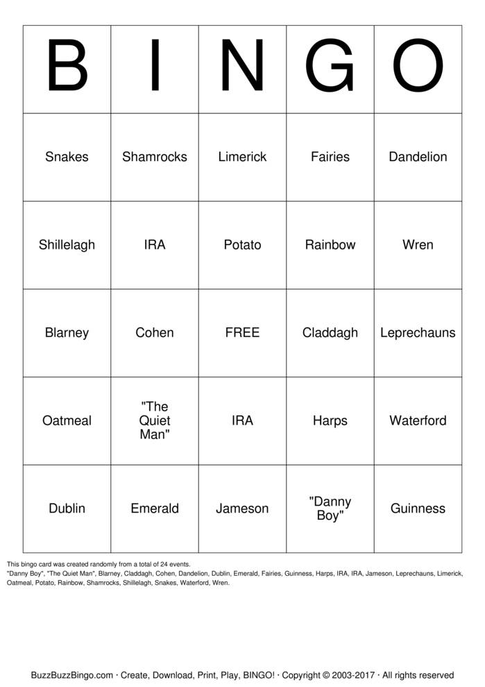 IRISH Bingo Cards To Download Print And Customize 