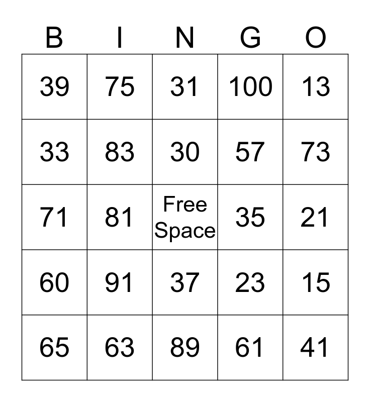 Numbers 1 100 Bingo Card