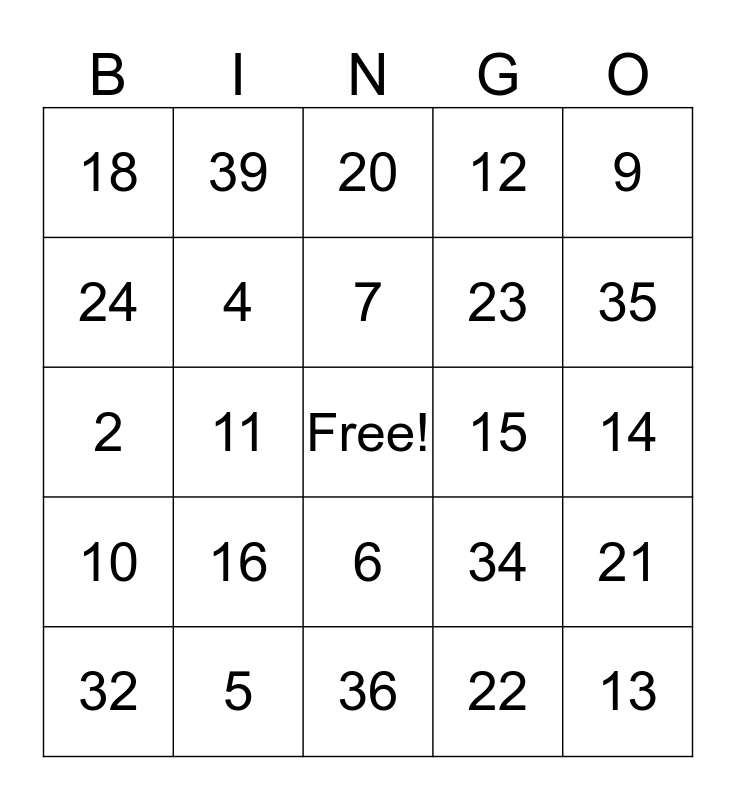 Numbers 1 40 Bingo Card