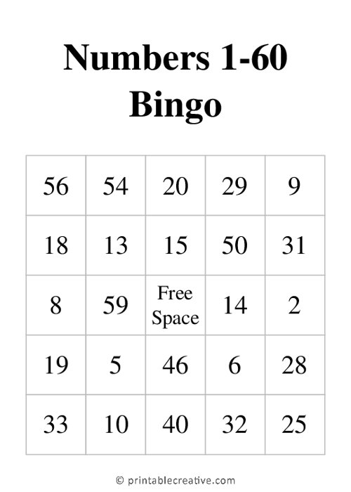 Numbers 1 60 Bingo Free Printable Bingo Cards And Games