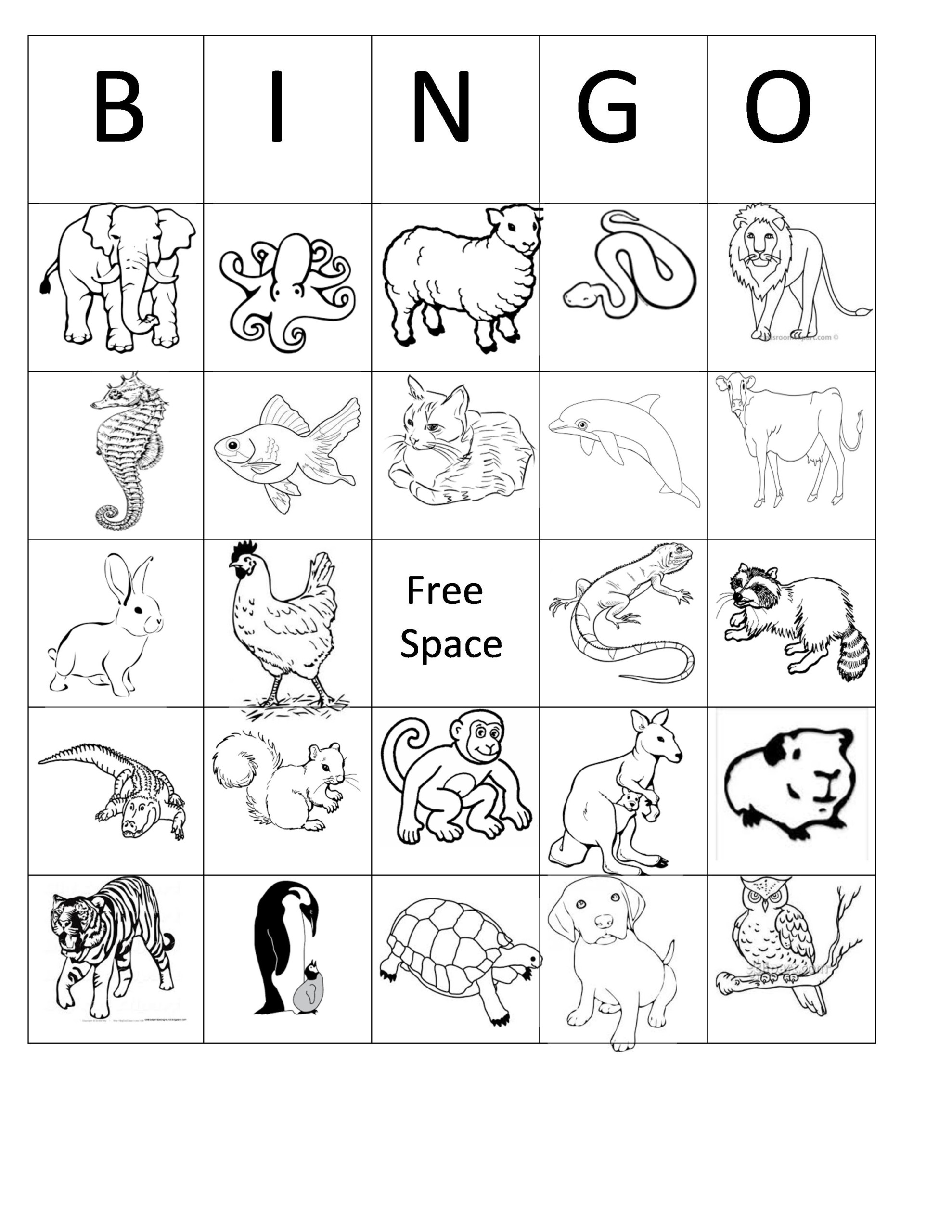 Printable Animal Bingo Card 1 Black And White Coloring 