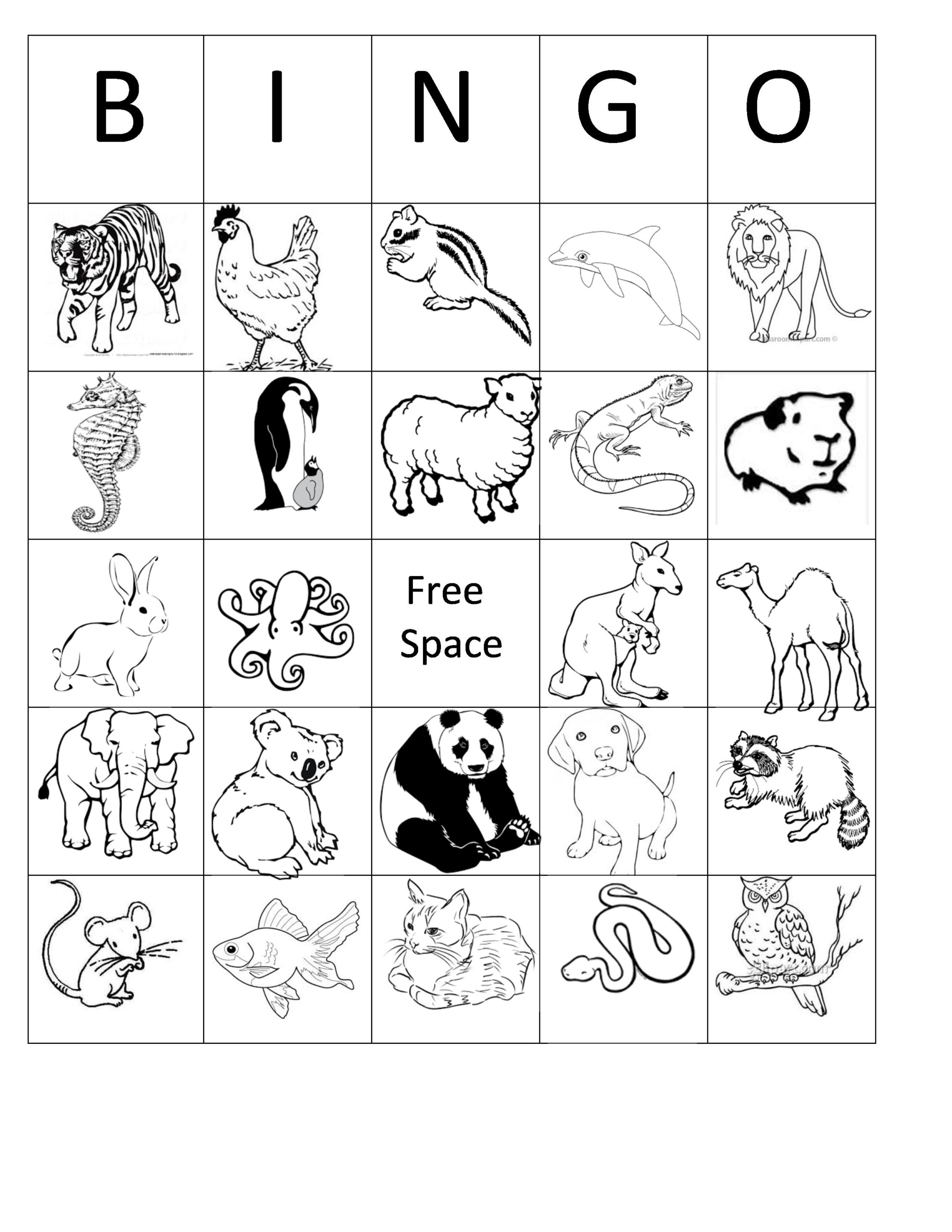Printable Animal Bingo Card 4 Black And White Coloring 