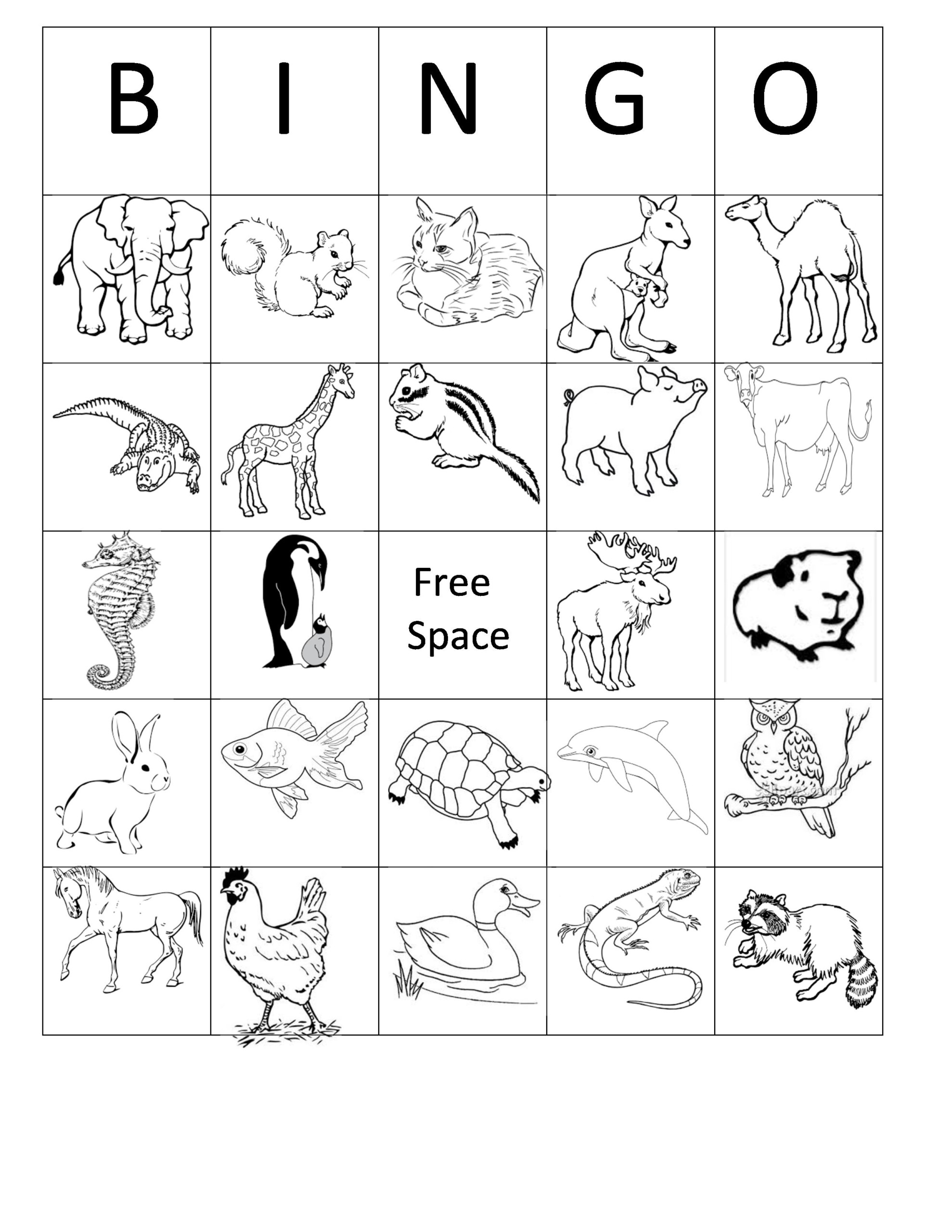 Printable Animal Bingo Card 5 Black And White Coloring 