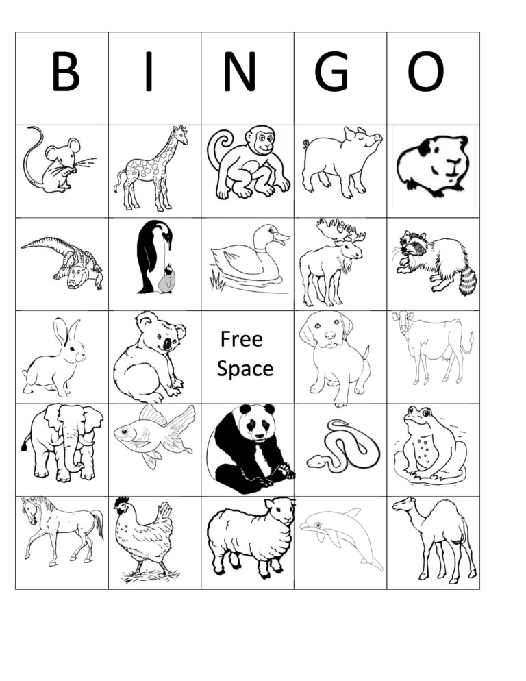 Printable Animal Bingo Card 7 Black And White Coloring