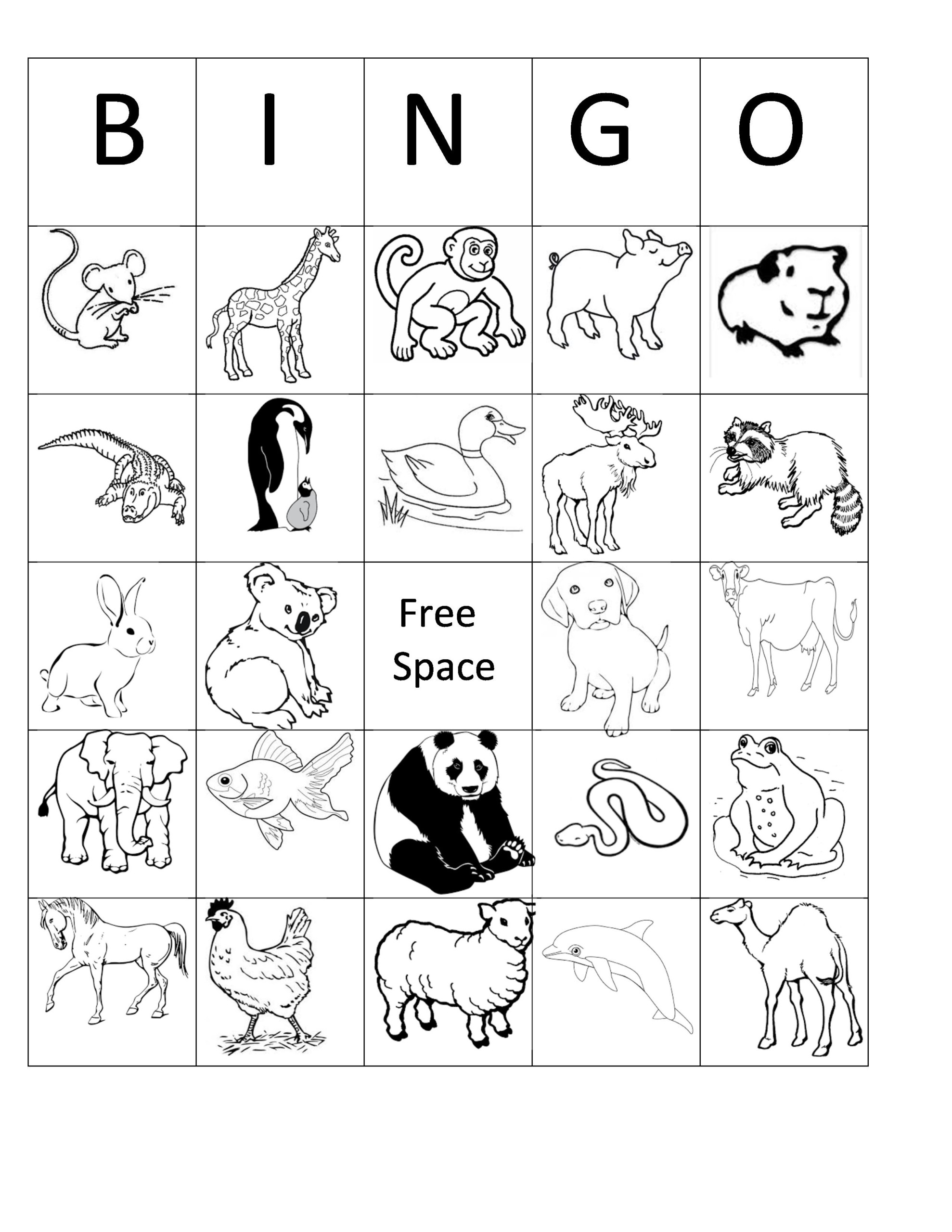 Printable Animal Bingo Card 7 Black And White Coloring 