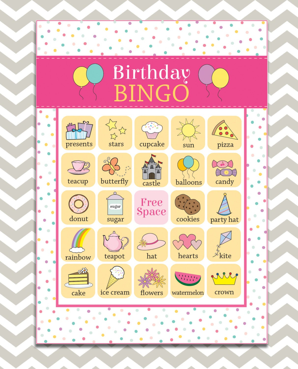 Printable Girl s Birthday Bingo 16 Unique Game Cards