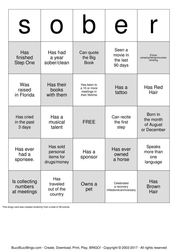 Recovery Bingo Cards To Download Print And Customize 