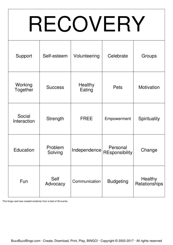 Recovery Bingo Cards To Download Print And Customize 