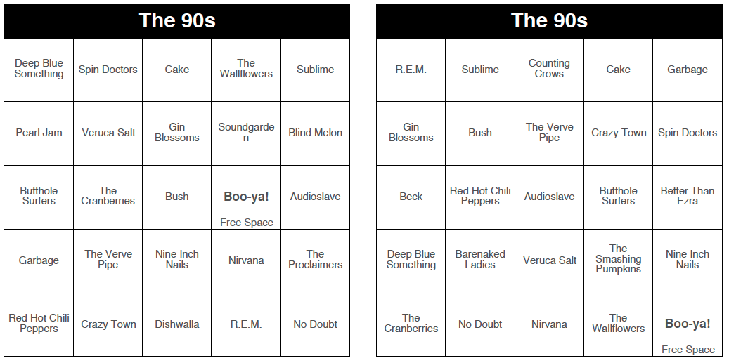 The 90s Download And Print Music Bingo Cards