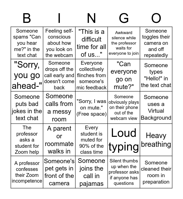 Zoom Class Bingo Card Zoom Class Bingo Card