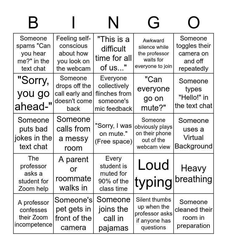 Zoom Class Bingo Card