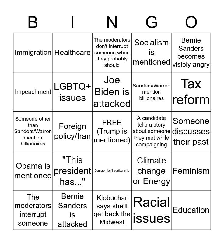 2020 Debate Bingo Card