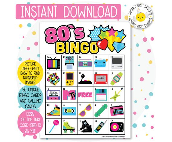 80s Retro Themed Printable Bingo Cards 30 Different Cards 