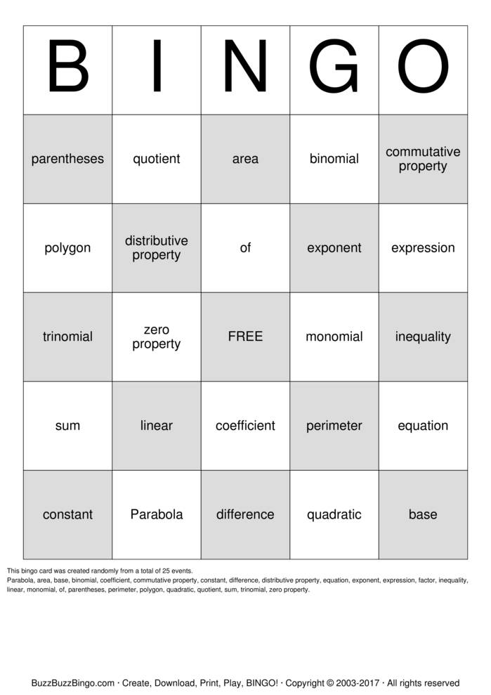 Algebra Bingo Bingo Cards To Download Print And Customize 