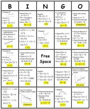 Algebra I First Semester Review Bingo Algebra Combining 