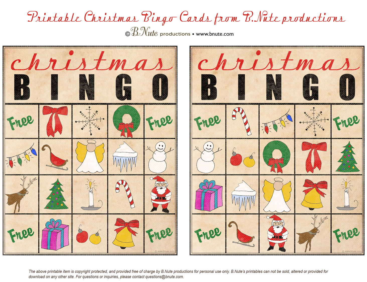 Bnute Productions Free Printable Christmas Bingo Cards