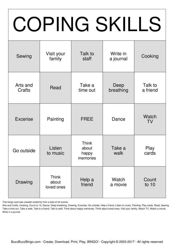 Coping Skills Bingo Cards To Download Print And Customize 