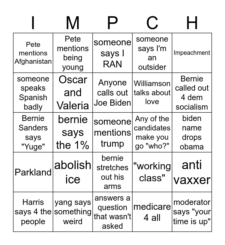 DNC Debate 2020 Bingo Card