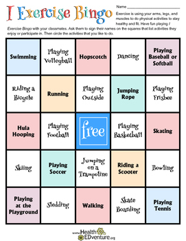 Exercise Bingo A Game For Kids By Health EDventure TpT