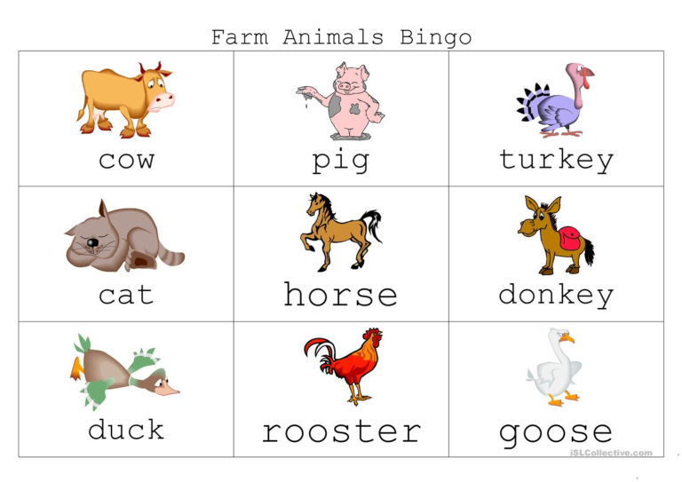 Farm Animal Bingo Worksheet Free ESL Printable