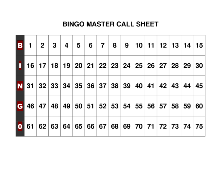 Free Printable Bingo Call Sheet Bingo Printable Bingo