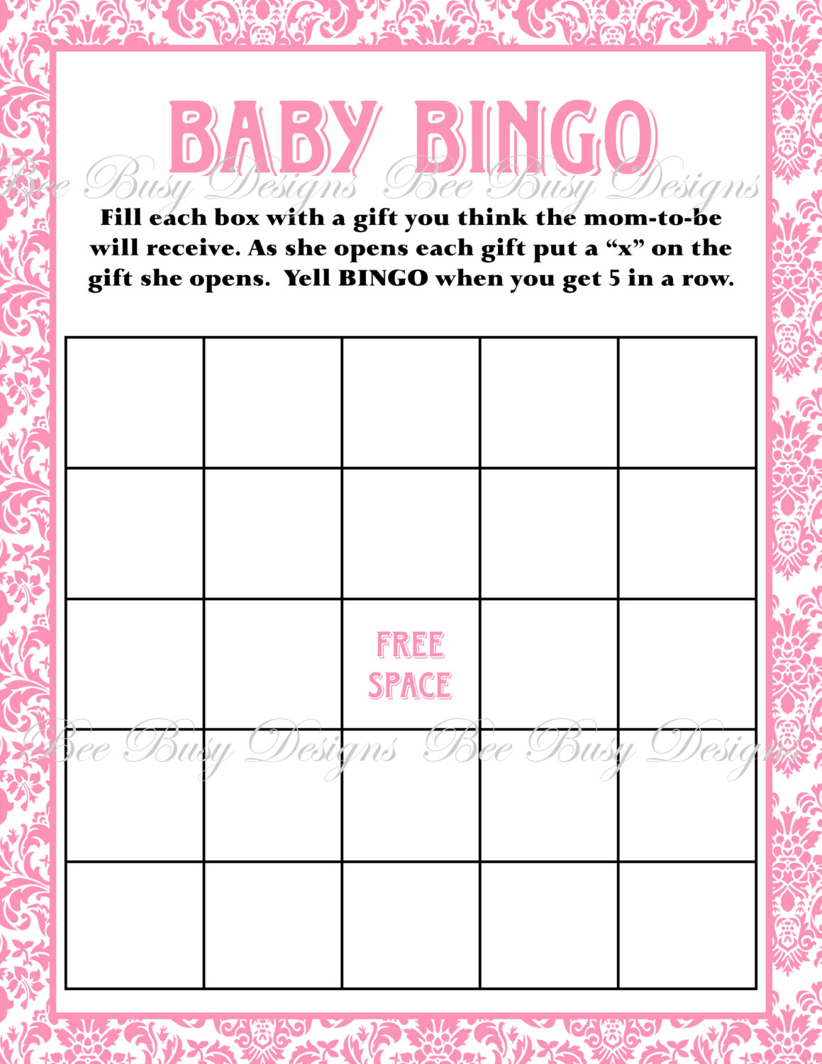 Printable Pink Damask Baby Shower Bingo Game Bee Busy 