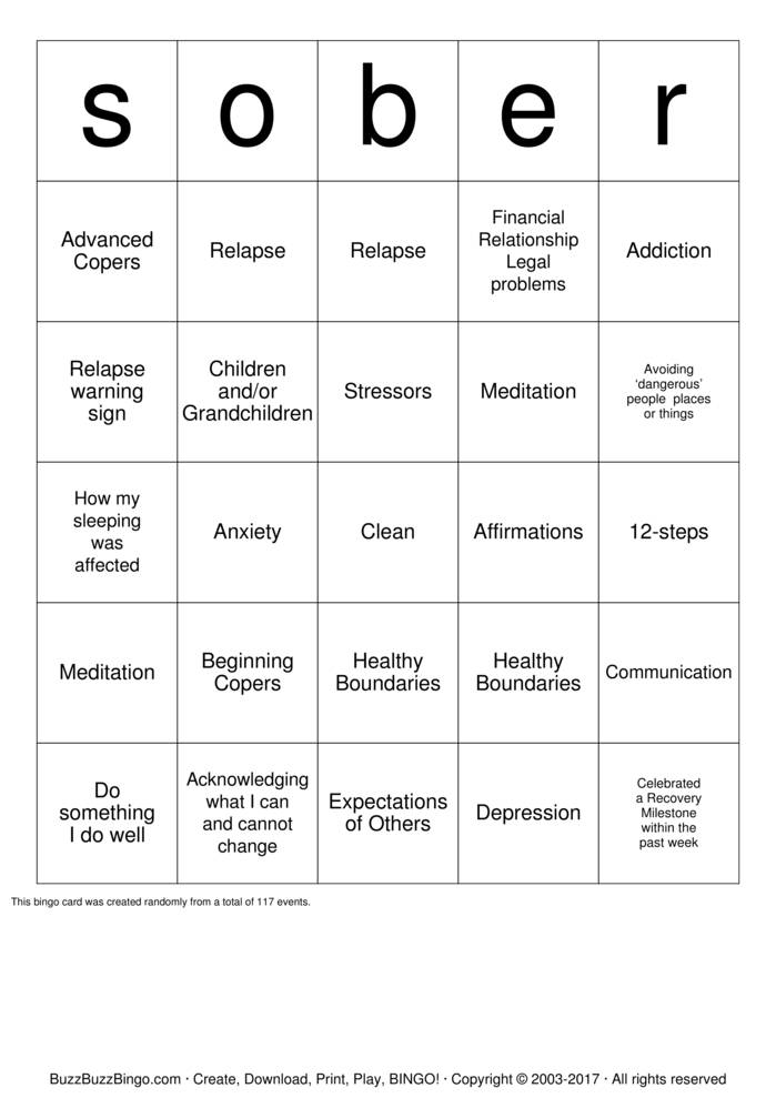 Recovery Bingo Cards To Download Print And Customize 