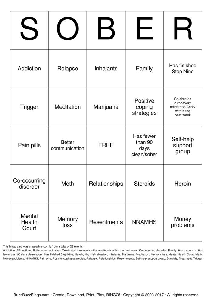 Recovery Bingo Cards To Download Print And Customize 