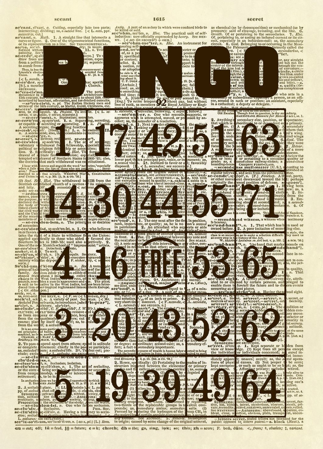 Vintage Bingo Card Dictionary Art Print Bingo Cards 