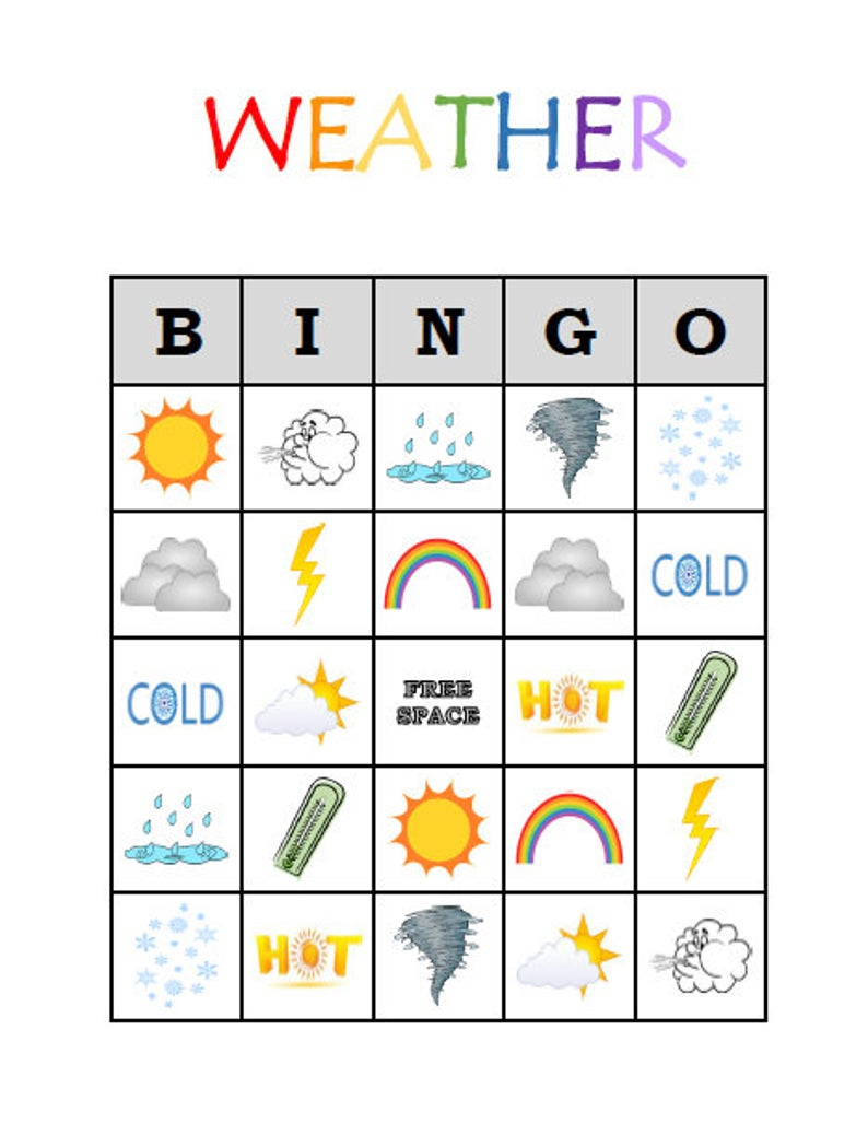 Weather Bingo 30 Printable Fun Educational Kids Birthday 